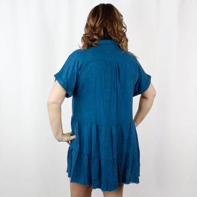 Teal Ruffle Tiered Frayed Hem Dress