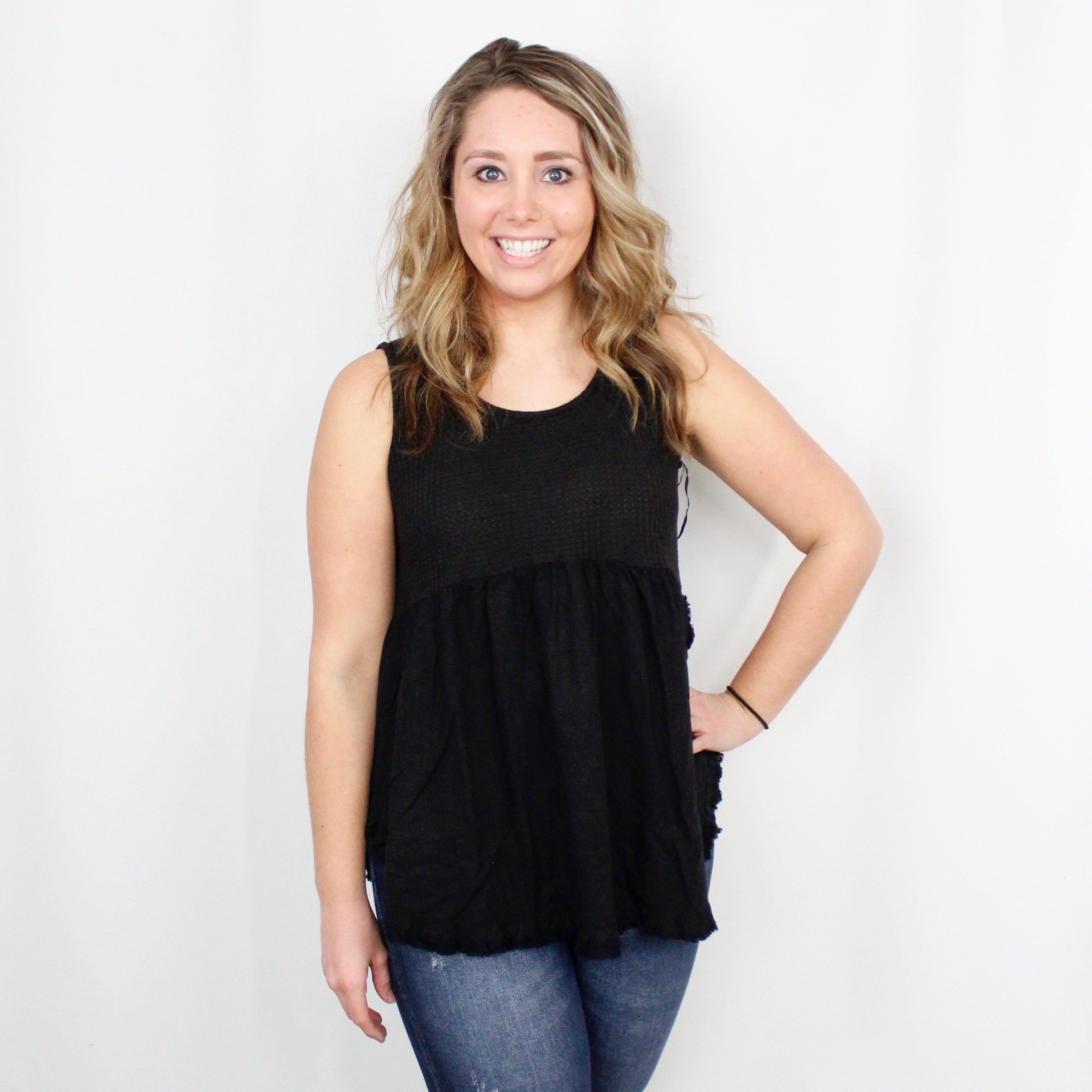 Black Waffle Knit Fringed Hem Top