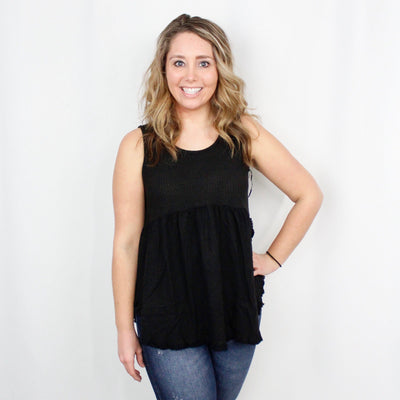 Black Waffle Knit Fringed Hem Top