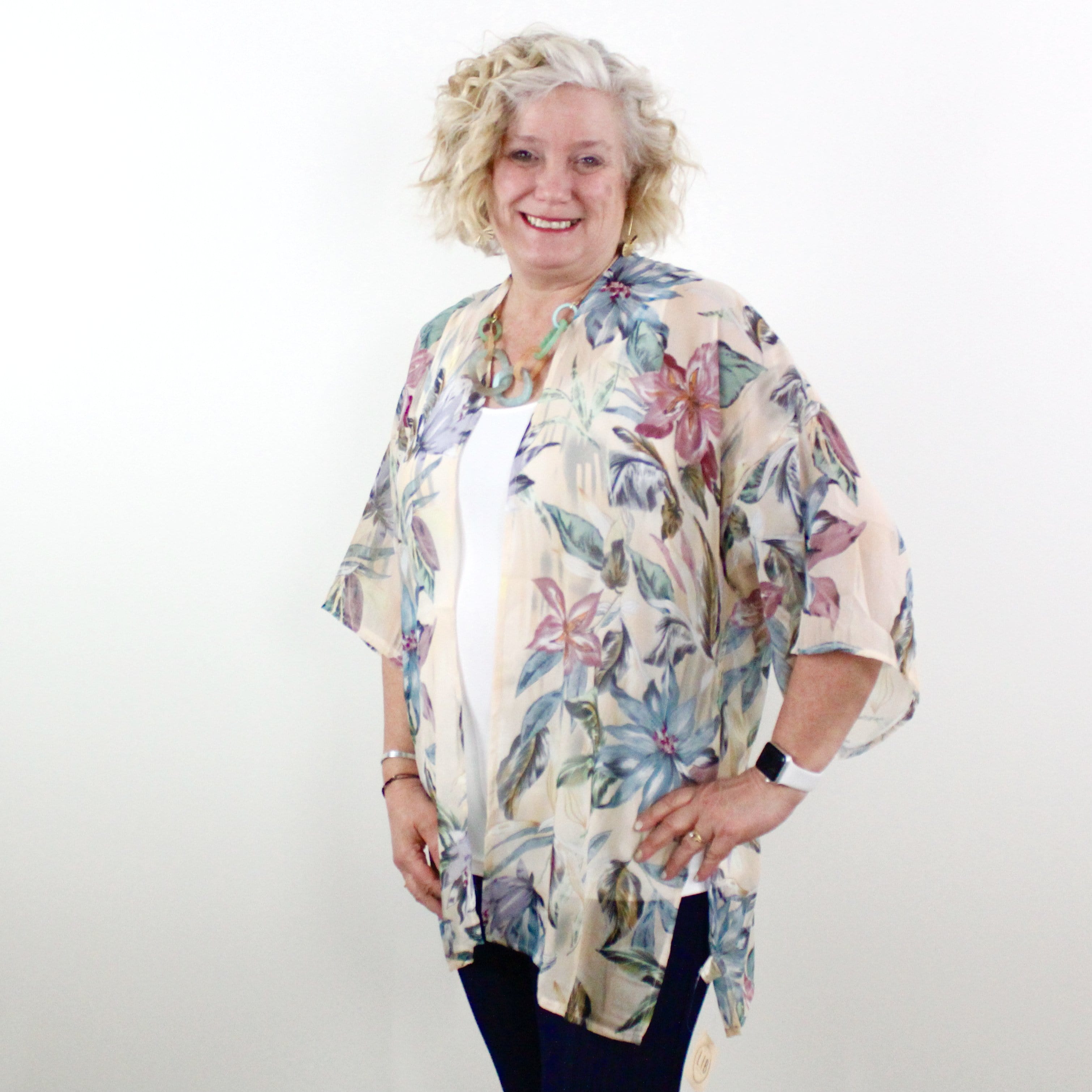 Beige Leaf Chiffon Kimono