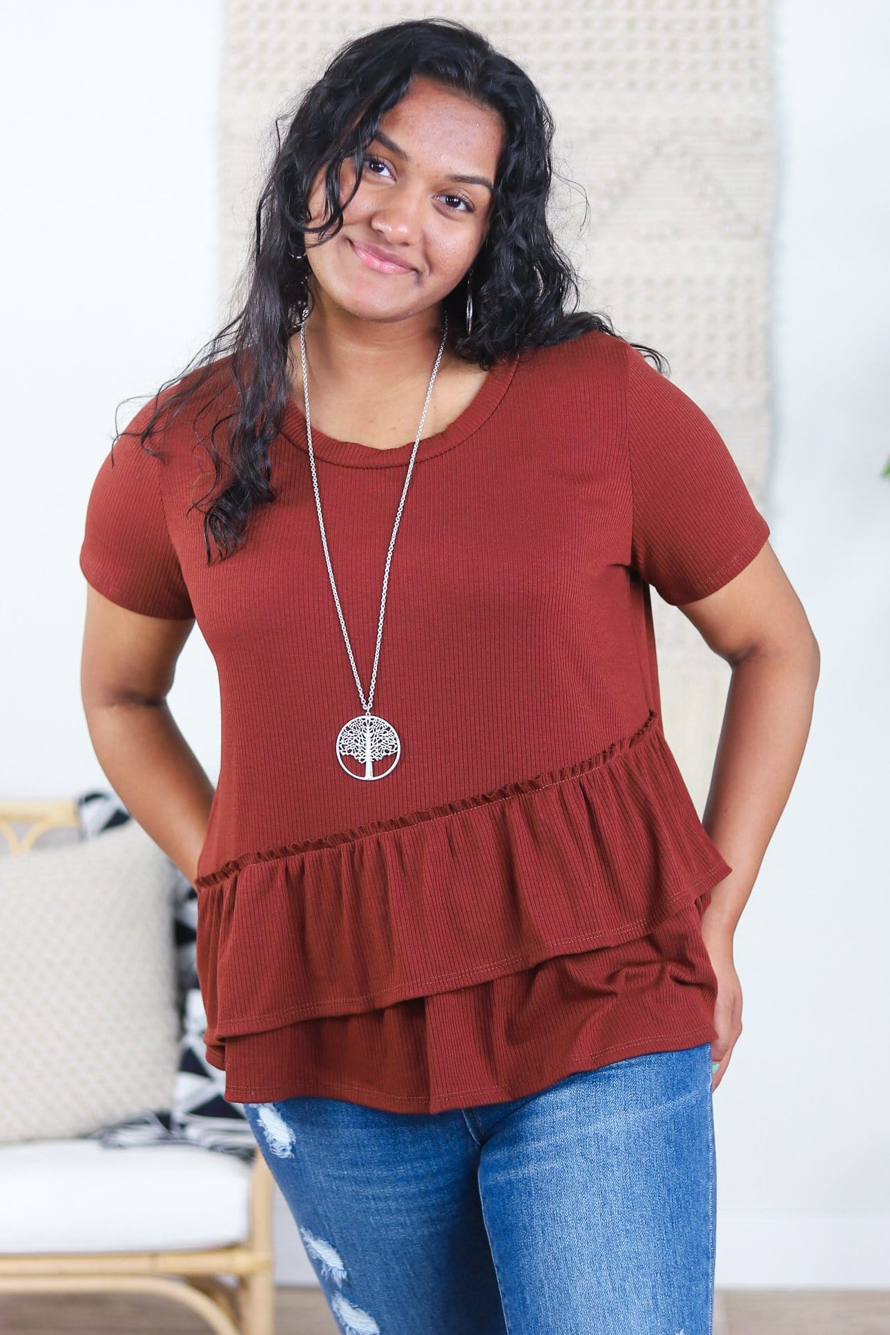 Ribbed Ruffle Hem Top
