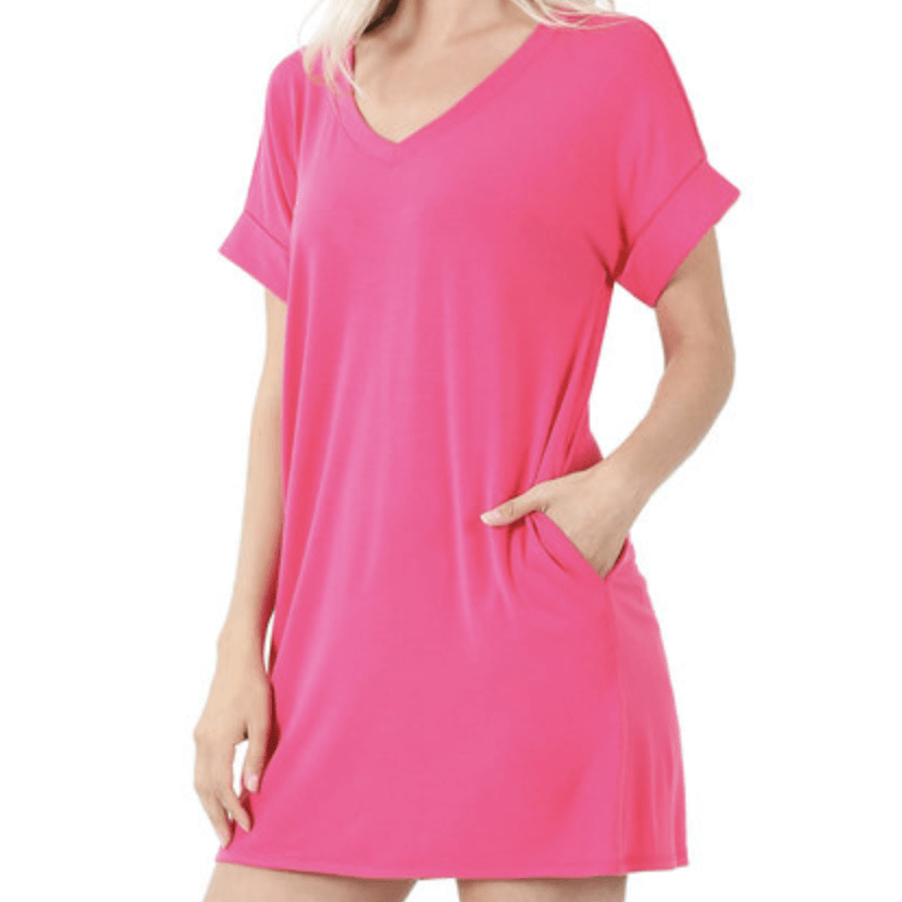 Rolled Short Sleeve Vneck Longline Top