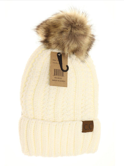 Fuzzy Lined Fur Pom  CC Beanie - Neutrals - 2021