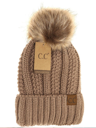Fuzzy Lined Fur Pom  CC Beanie - Neutrals - 2021