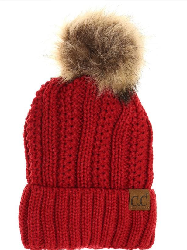 Red Fuzzy Lined Fur Pom CC Beanie