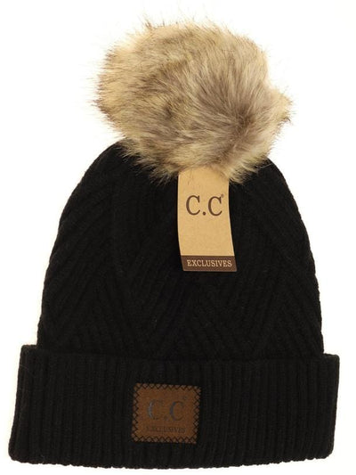 Diagonal Criss-Cross Heather Pom Beanie w/Patch