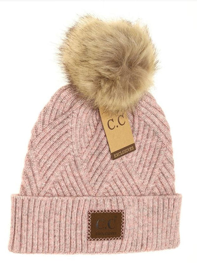 Diagonal Criss-Cross Heather Pom Beanie w/Patch