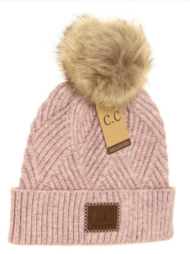 Diagonal Criss-Cross Heather Pom Beanie w/Patch