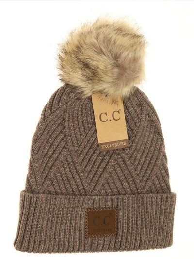 Diagonal Criss-Cross Heather Pom Beanie w/Patch