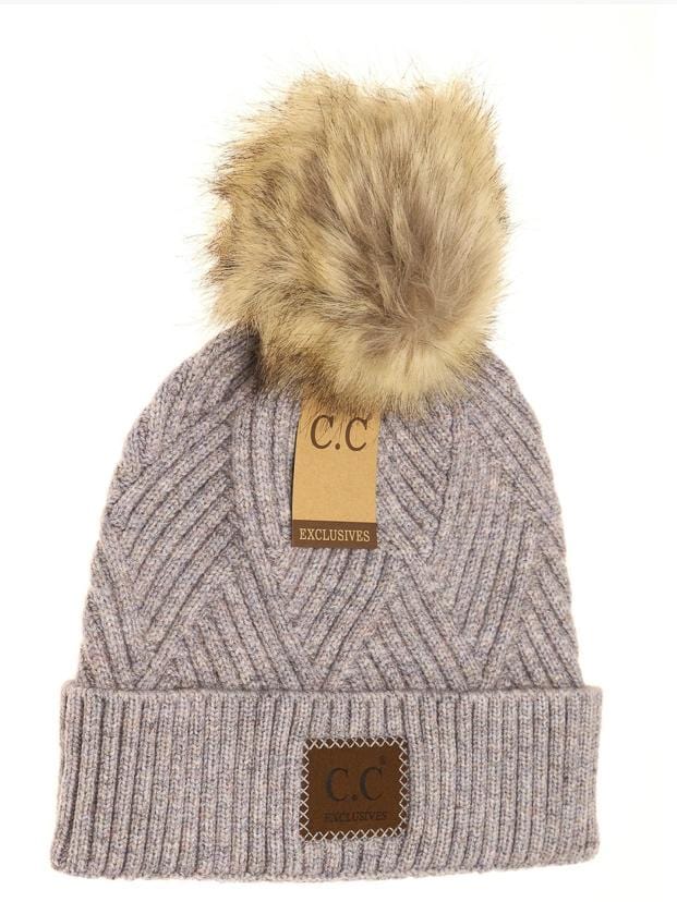 Diagonal Criss-Cross Heather Pom Beanie w/Patch