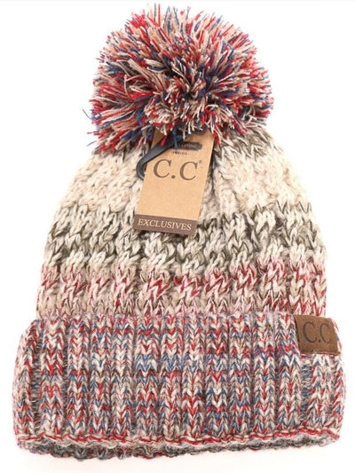 Fuzzy Lined Tri-Color Pom Beanie