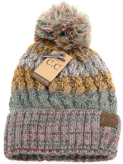 Fuzzy Lined Tri-Color Pom Beanie