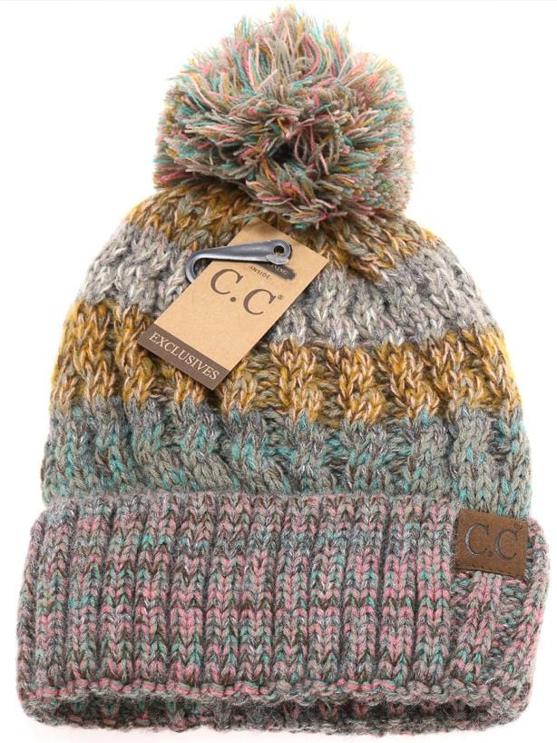 Fuzzy Lined Tri-Color Pom Beanie