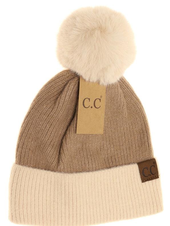 Colorblock Solid Faux Fur Pom Beanie