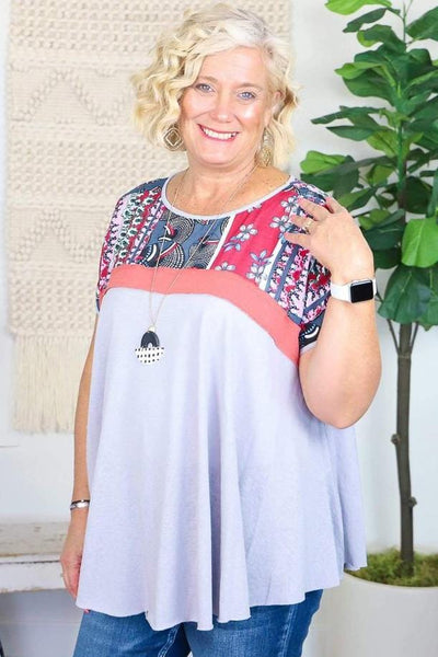 Grey Multi Print Contrasting Top