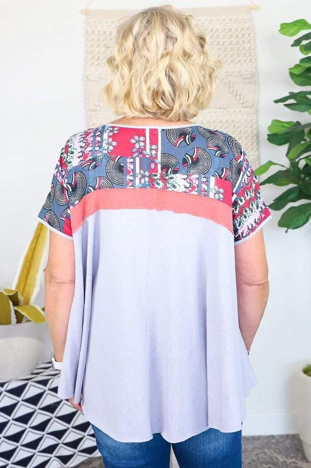 Grey Multi Print Contrasting Top