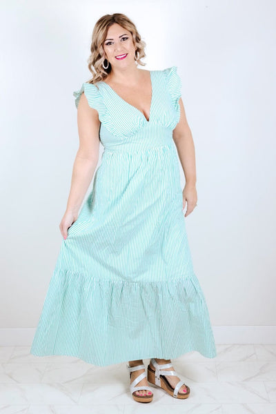 Green Striped Tie Back Ruffle Dress