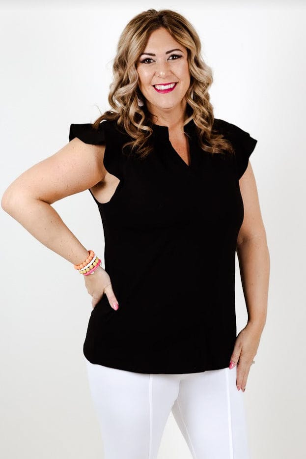 V-Neck Top W/Ruffle Cap Sleeve