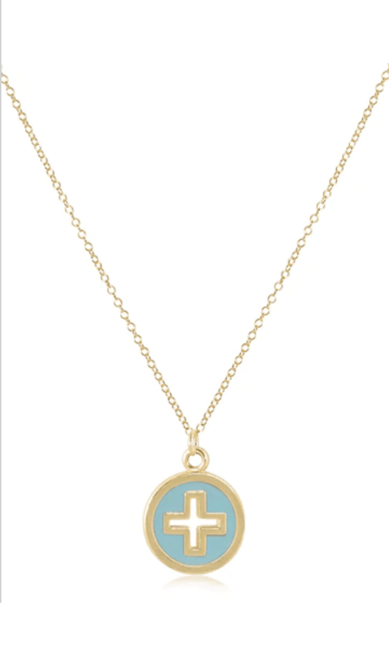 16" Necklace Gold - Signature Cross Gold Disc - Turquoise