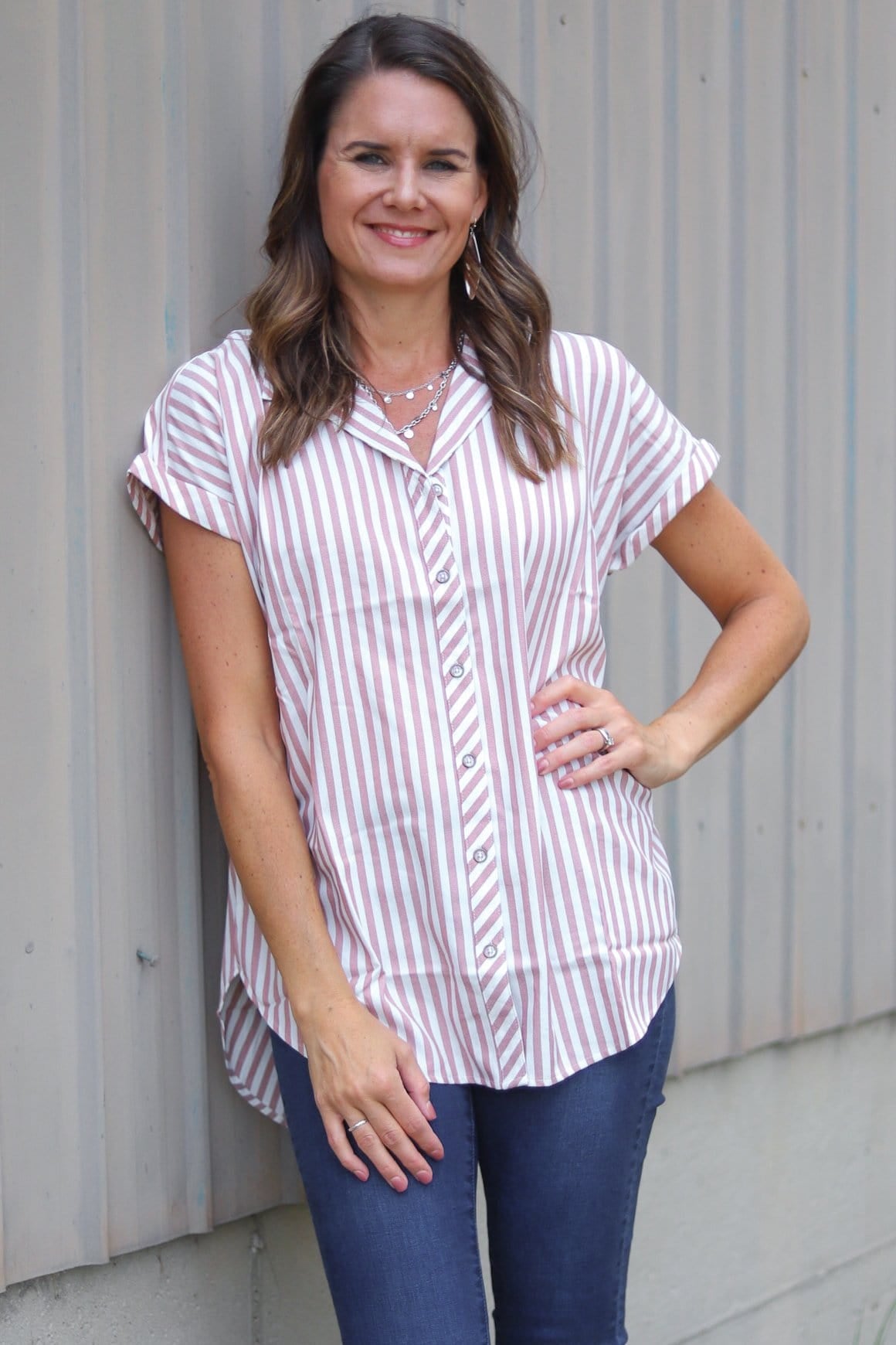 Striped button up short sleeve top