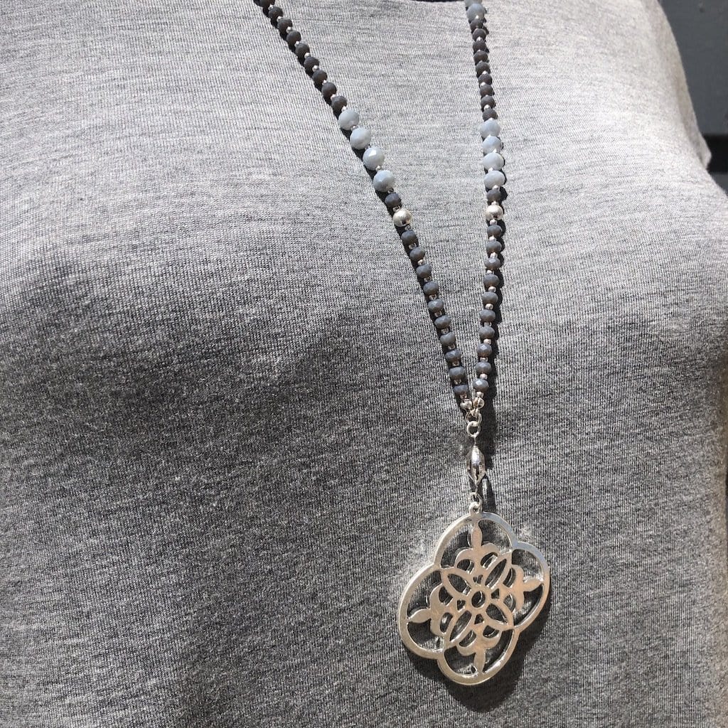 Gray Beaded Long Pendant Necklace