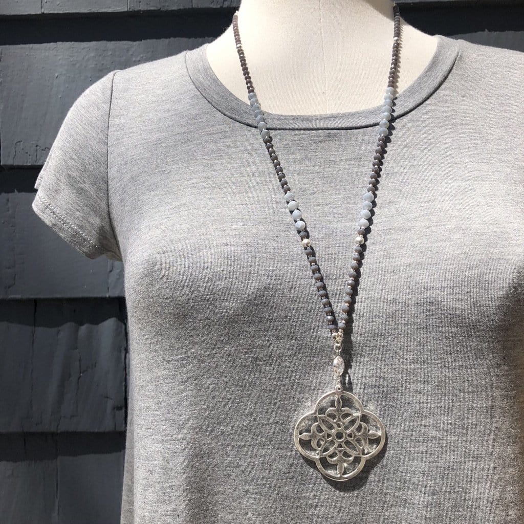 Gray Beaded Long Pendant Necklace