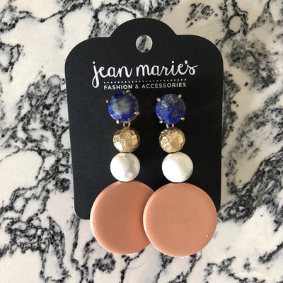 Peach Circle Stone & Wood Earring