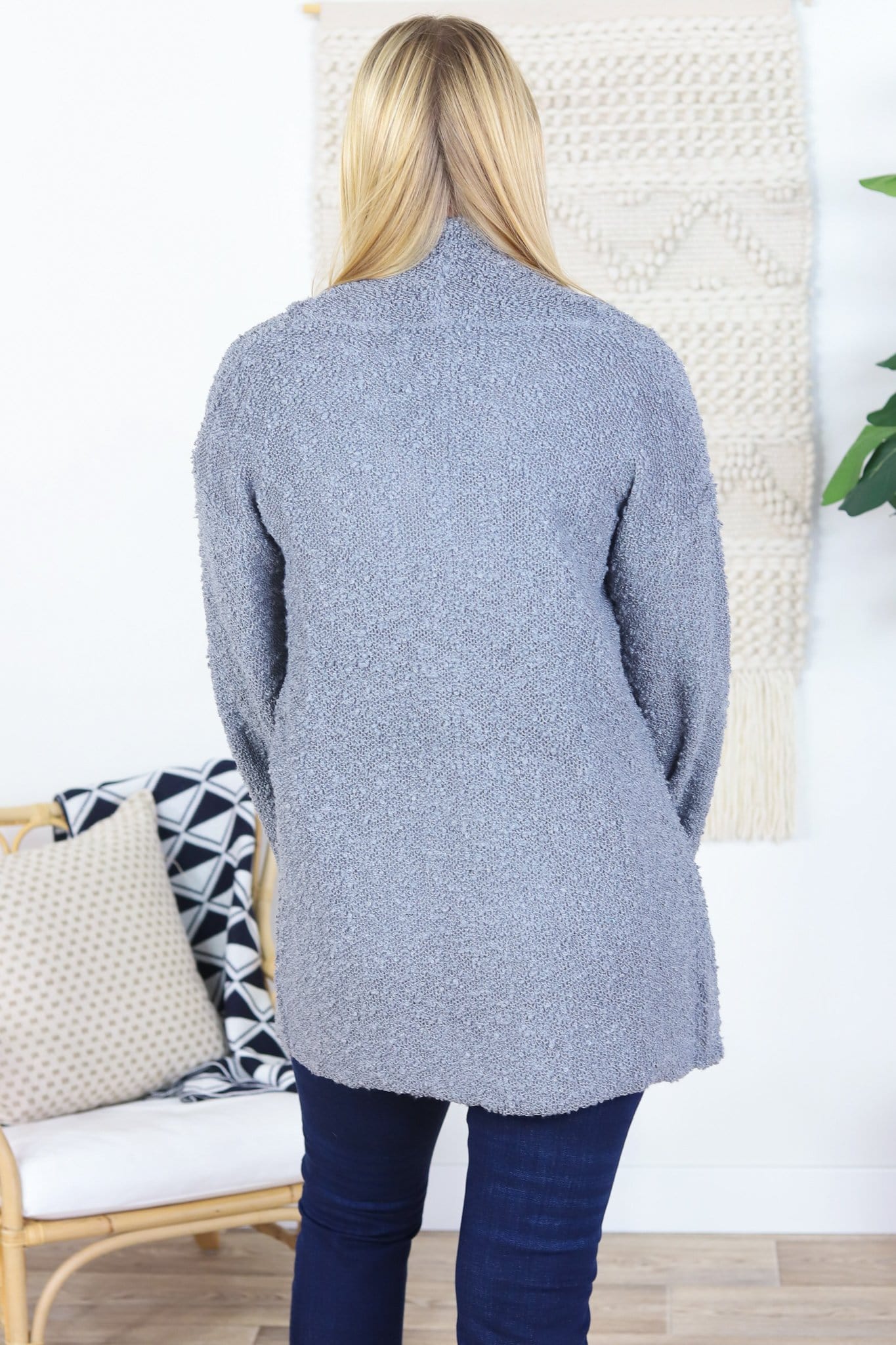 gray cardigan that buckles in the front