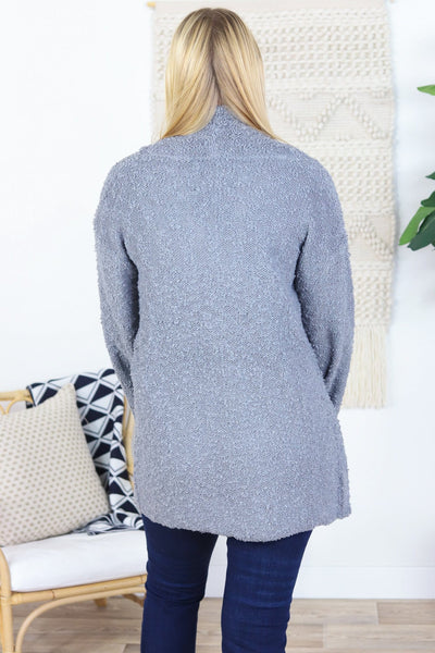 gray cardigan that buckles in the front
