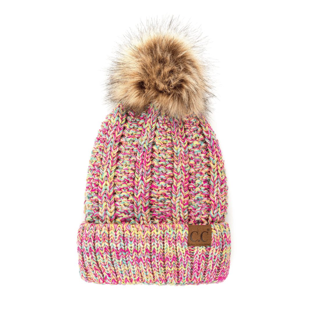 4 Tone Knit Fur Line Pom Beanie