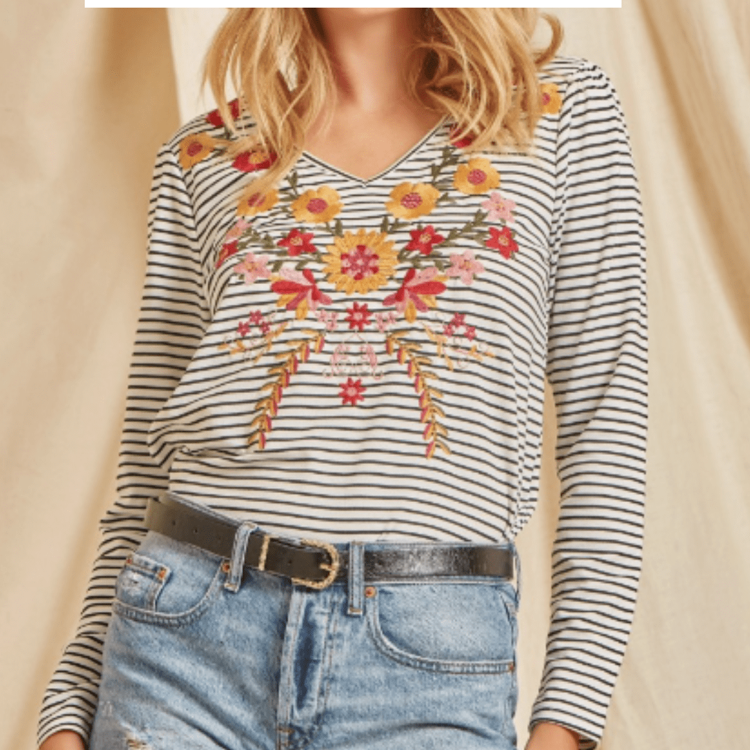 Stripe Mix Embroidered Long Sleeve Top
