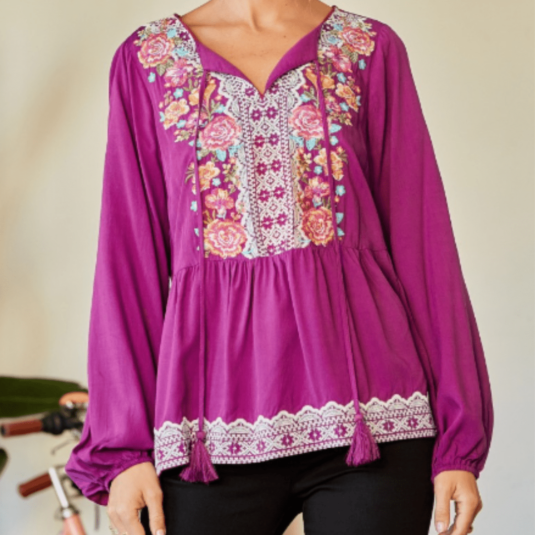 Deep Magenta Embroidered Babydoll Blouse   - PREORDER A
