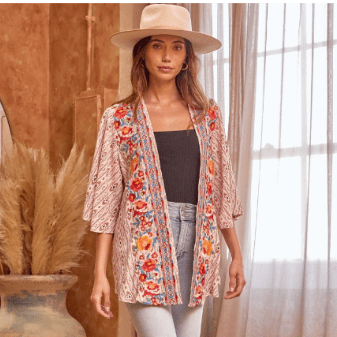 Ivory & Rust Embroidered Kimono Top