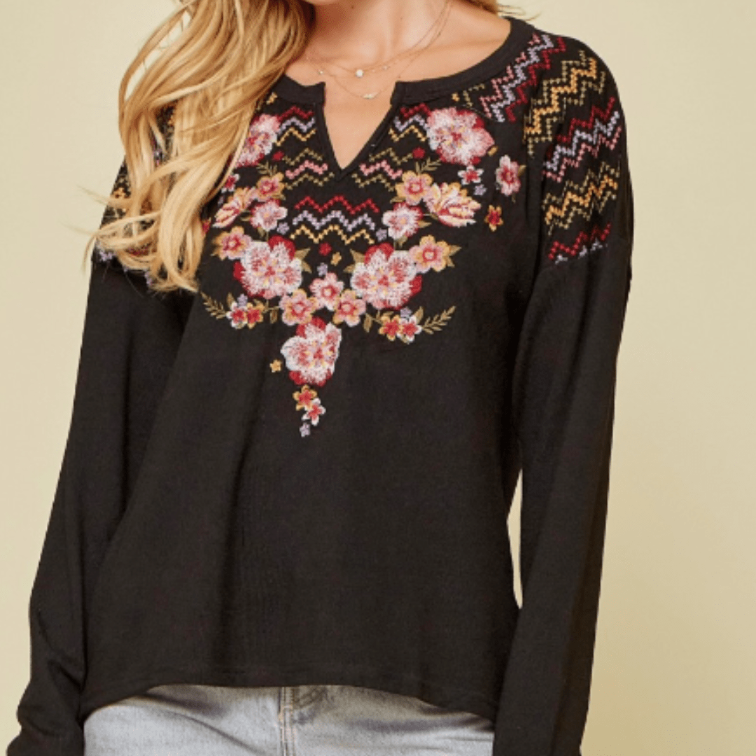 Black Heathered Knit Embroidered Top