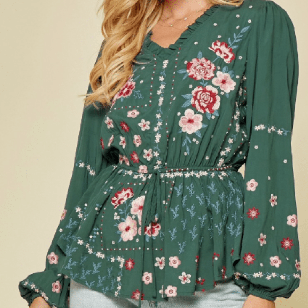 Deep Green Embroidered Cinch Blouse