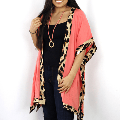Coral short sleeve kimono, leopard print accent