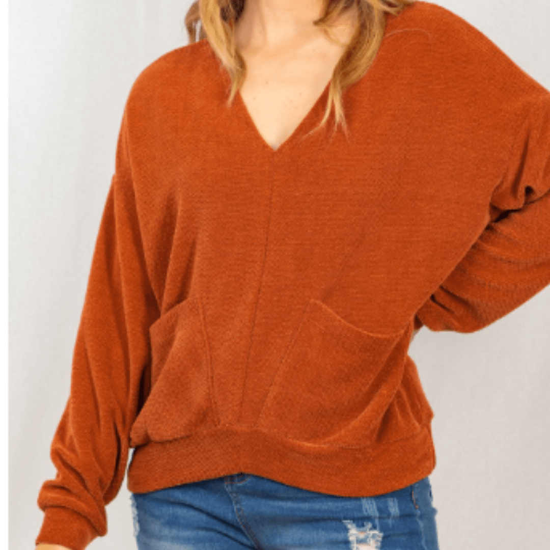Rust Pocket V-Neck Sweater Top