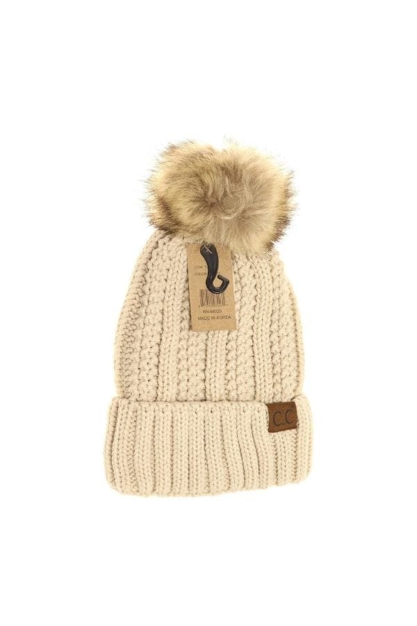 Beige Fuzzy Lined Fur Pom CC Beanie