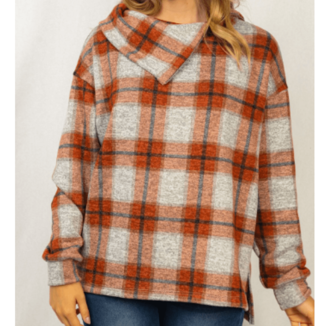 Rust & Black Plaid Zipper Cowl Neck Top
