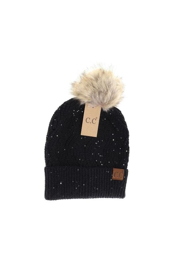 Black Brioche Cable Sequin Pom Hat