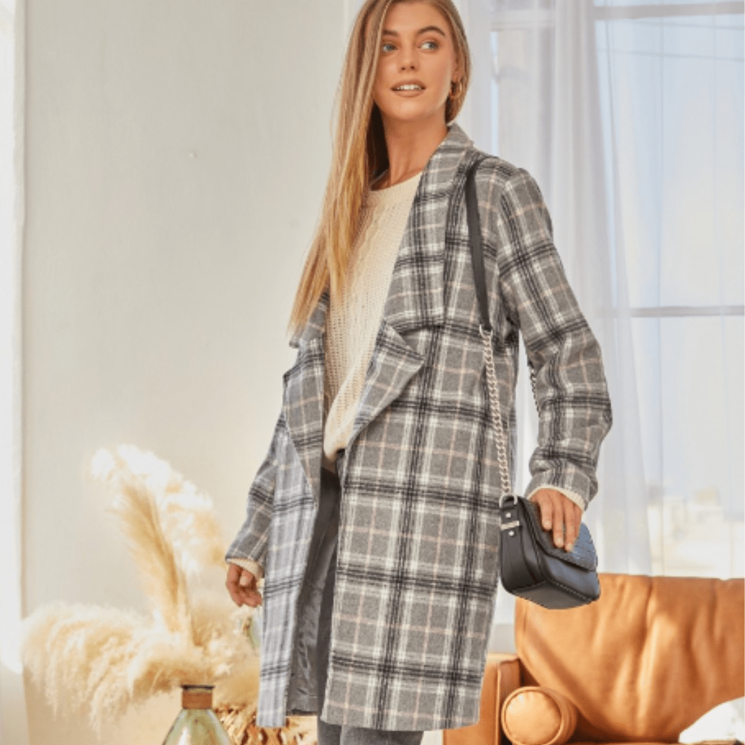 Grey & Pink Long Plaid Jacket