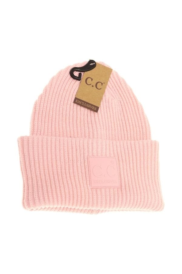 Blush Pink Ribbed Beanie W/ Rubber Patch