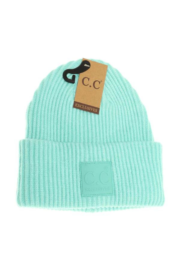 Mint Green Ribbed Beanie W/ Rubber Patch