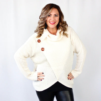 Button Detail Cowl Neck Sweater