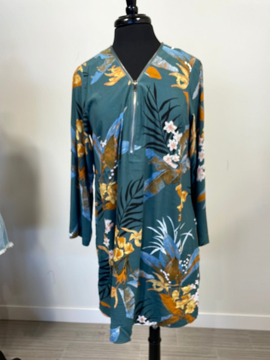 Green Floral Front Zip Tunic