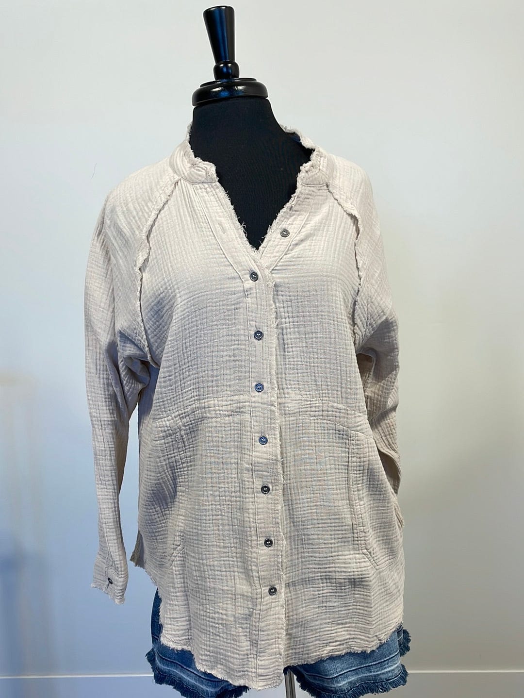 Beige Gauze Raw Edge Top