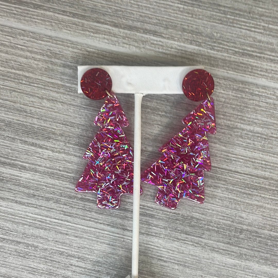 Cranberry Glitter Tree Post Earring