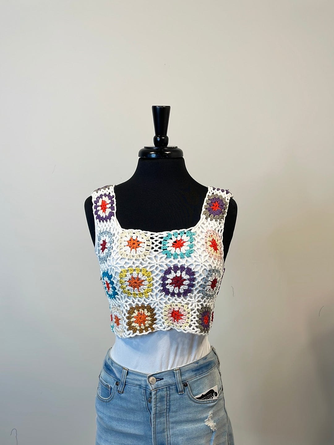 White Multi Color Crochet Top