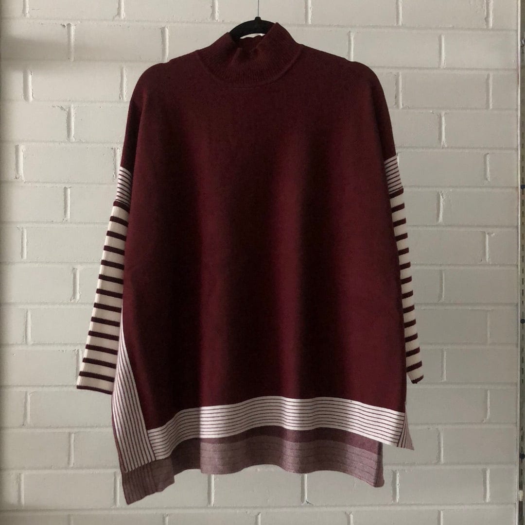 Burgundy Contrast Stripe Mock Neck Hi-Low Sweater