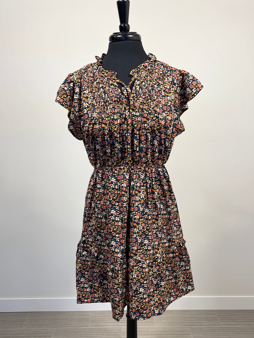 Black Ditsy Capped Sleeve Dress